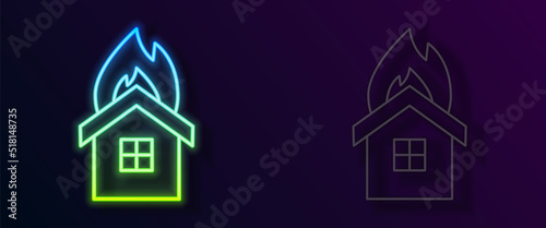 Glowing neon line Fire in burning house icon isolated on black background. Insurance concept. Security, safety, protection, protect concept. Vector