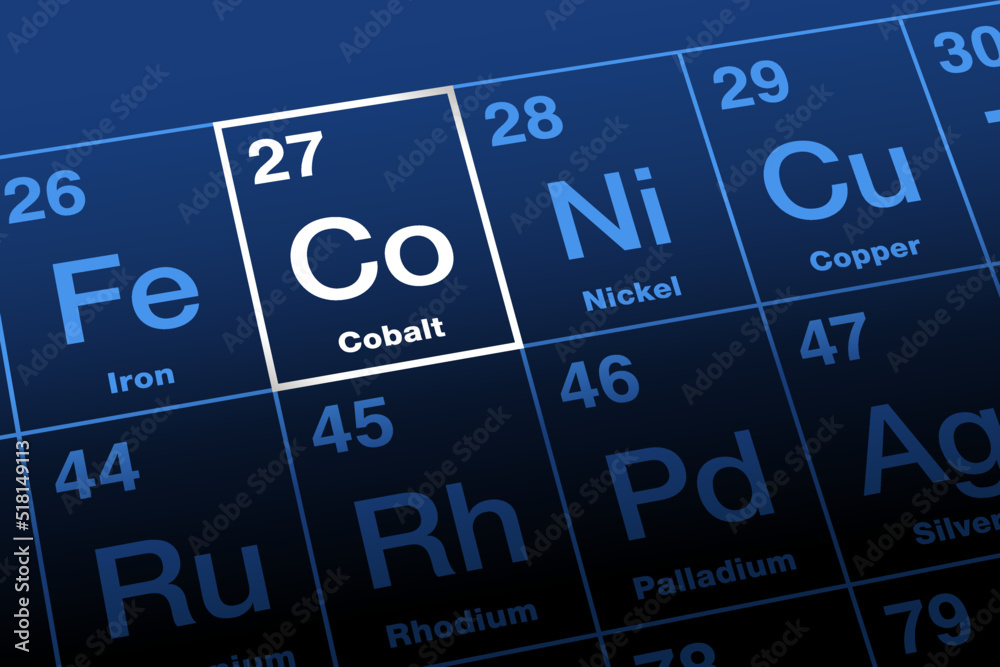 Cobalt on periodic table of the elements. Ferromagnetic transition metal, with the element symbol Co, and with the atomic number 27. Primarily used in rechargeable batteries. Illustration. Vector Cobalt on periodic table of the elements. Ferromagnetic transition metal, with the element symbol Co, and with the atomic number 27. Primarily used in rechargeable batteries. Illustration. Vector