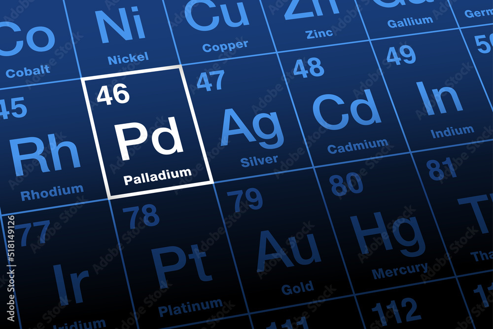 Vecteur Stock Palladium on periodic table of elements. Rare metal, named  after the asteroid Pallas, with element symbol Pd and atomic number 46. It  is a key component of fuel cells and