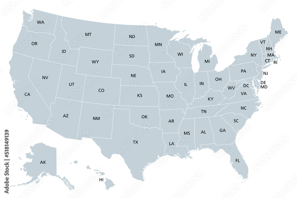 United States of America, gray political map. Fifty single states with their own geographic territories and borders, bound together in a union and federal government. Labeled with USPS abbreviations. - obrazy, fototapety, plakaty 