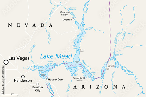 Fotomurale Lake Mead, largest reservoir in the US, political map
