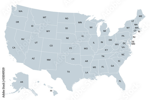 United States of America, gray political map. Fifty single states with their own geographic territories and borders, bound together in a union and federal government. Labeled with USPS abbreviations.
