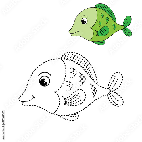 Trace and color for kids, fish vector