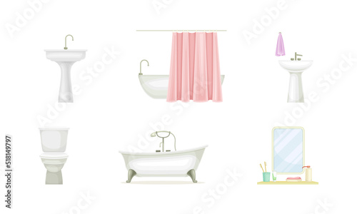 Set of modern bathroom objects. Bathtub, sink and toilet bowl accessories vector illustration