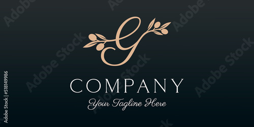 letter G combined twig Olive oil logo design template.