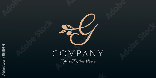 letter G combined twig Olive oil logo design template.