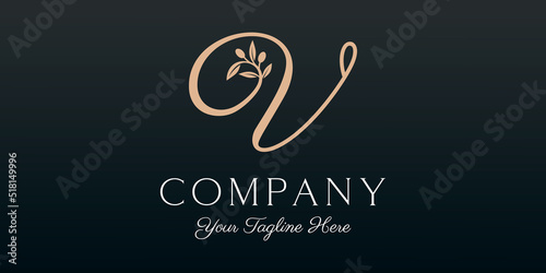 letter V combined twig Olive oil logo design template.
