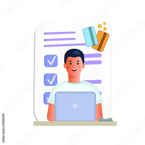 A young man is working on a laptop computer. Creative business ideas, planning of economic tasks. 3d vector illustration. Cartoon style.