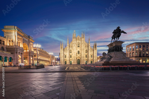 Milan gothic Cathedral (Duomo) at wonderful blue hour, Italy.Horizontal photo with copy-space.