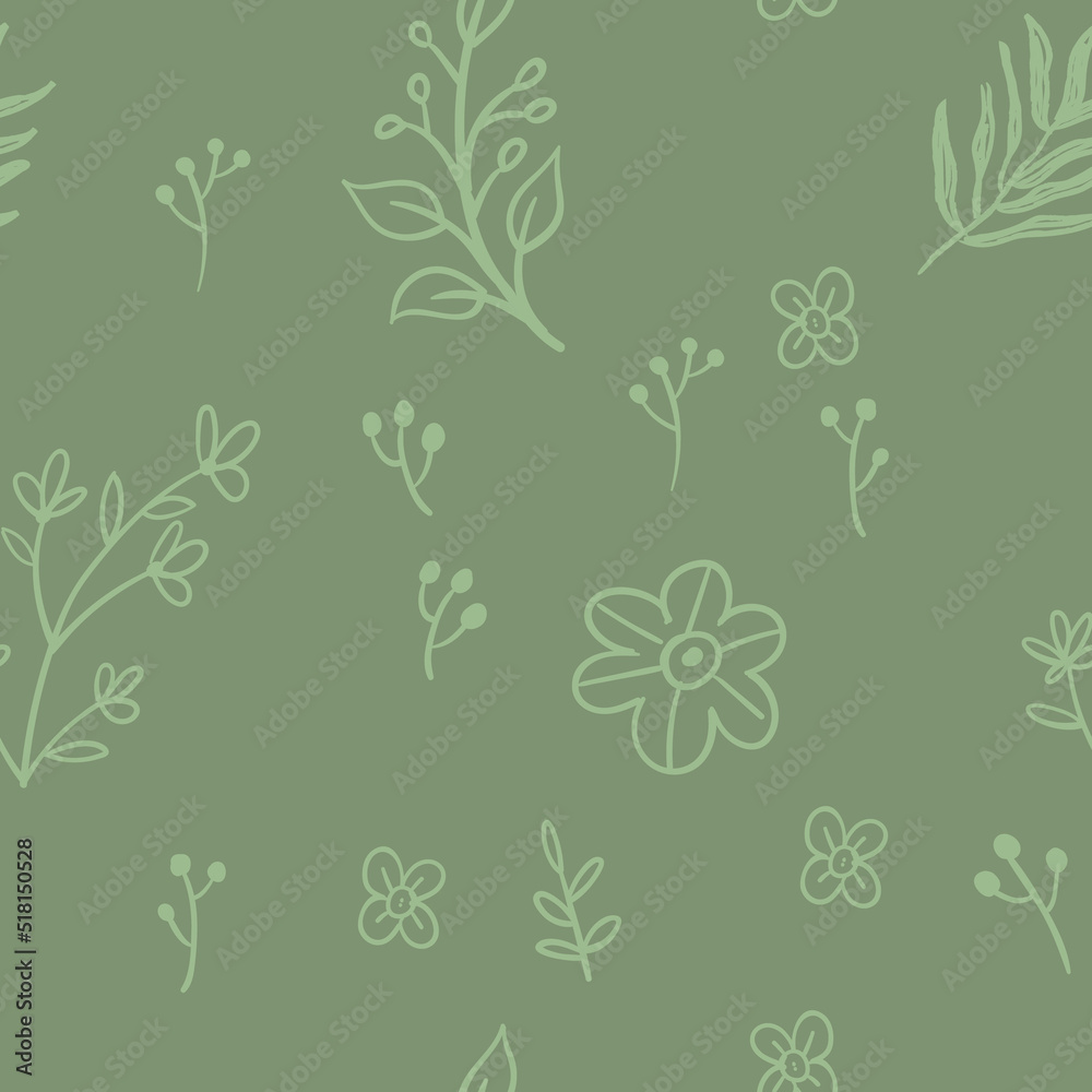 Fototapeta premium Leaves and flowers seamless pattern. Doodle nature elements background texture. Botanical design.