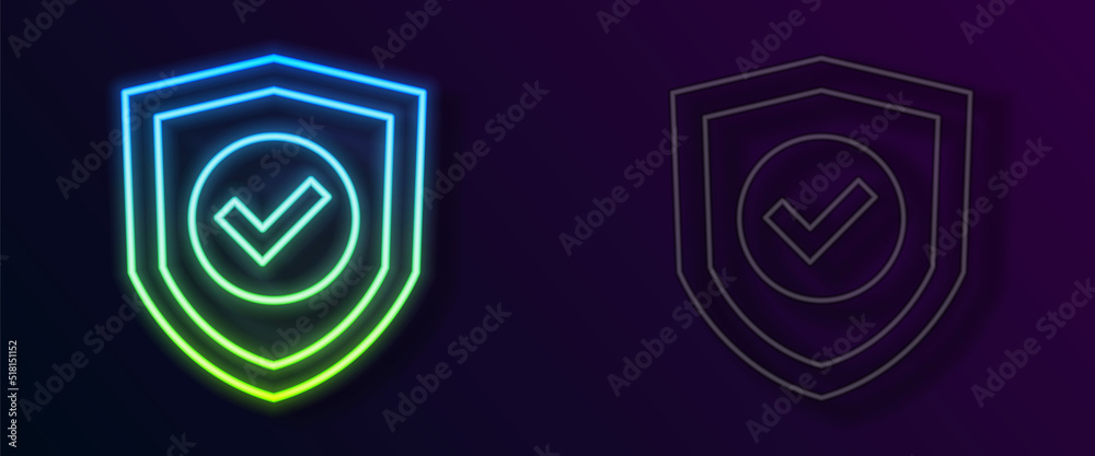 Glowing neon line Shield with check mark icon isolated on black background. Protection symbol. Security check Icon. Tick mark approved icon. Vector