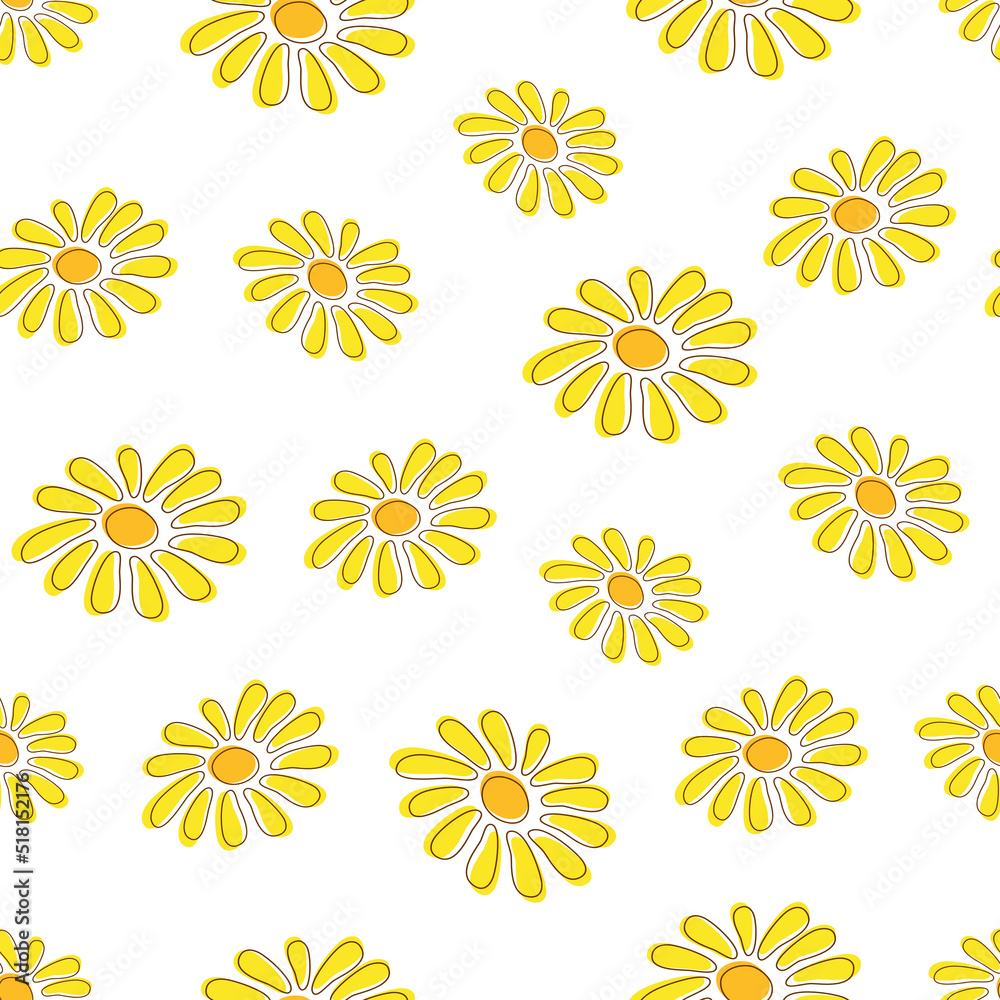Seamless pattern with yellow dandelions or daisy flowers background texture vector. Floral fabric print. Gift wrapping paper. Summer or spring backdrop. Repeating tile.Abstract design template element