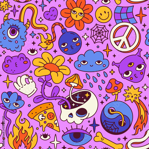 Trippy seamless pattern. Psychedelic retro template with mushrooms, bombs, hipster signs, acids and skulls. Hippie design for printing on clothes or paper. Cartoon modern flat vector illustration