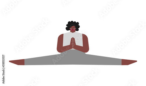 Vector isolated concept with flat female character. Strong african american woman learns stretching posture and does Side Split at yoga class. Basic exercise for beginners - Samakonasana
