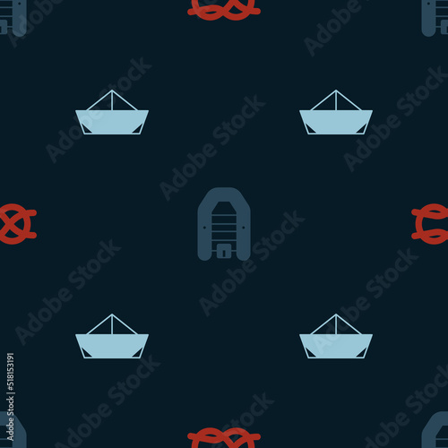 Set Nautical rope knots, Inflatable boat with motor and Folded paper on seamless pattern. Vector