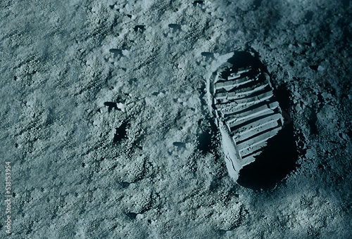Buzz Aldrin's footprint on the moon. Astronaut's boot print on lunar moon landing mission. Moon Surface. Image of the Moon showing landing site of Apollo 11. Elements of this image photo