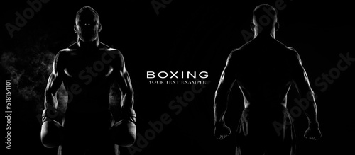 Two sportsmans boxers on black background. Copy Space. Sport concept.