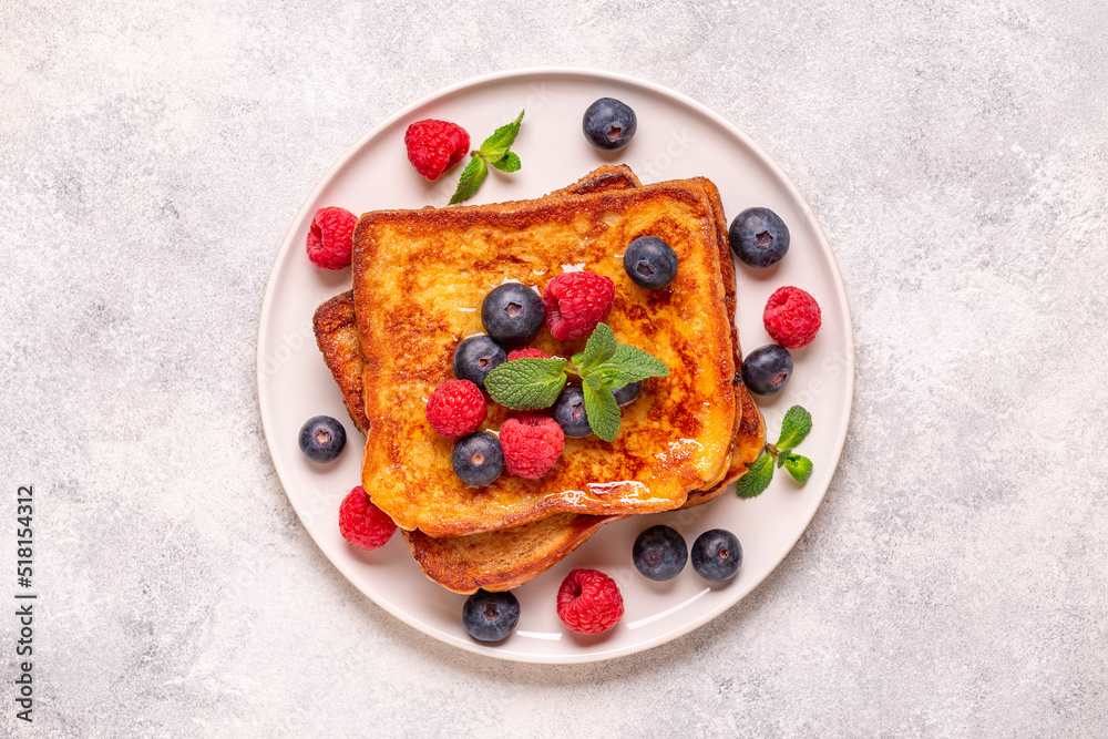 French toast with blueberries, raspberries, maple syrup French toast with blueberries, raspberries, maple syrup