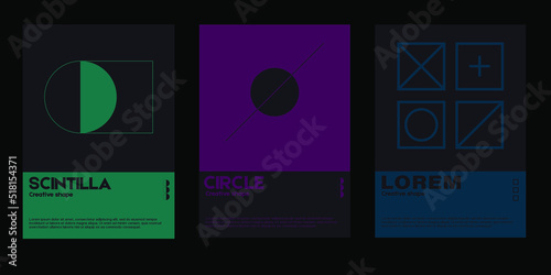 Meta modern aesthetics of swiss design poster collection layout. Brutalist-inspired vector graphics template set featuring bold typography and abstract geometric shapes.
