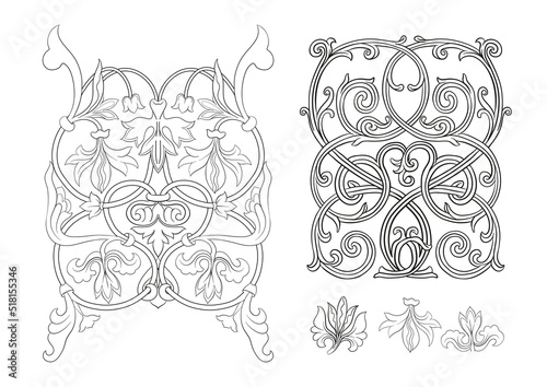 Byzantine traditional historical floral motifs, pattern. Clip art, set of elements for design Outline vector illustration