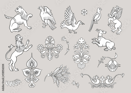 Byzantine traditional historical motifs of animals, birds, flowers and plants Clip art, set of elements for design Vector illustration.