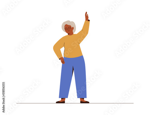 Elderly woman doing morning exercises. Senior female has fitness workout. Concept of healthy sport habits and active lifestyle. Vector illustration.