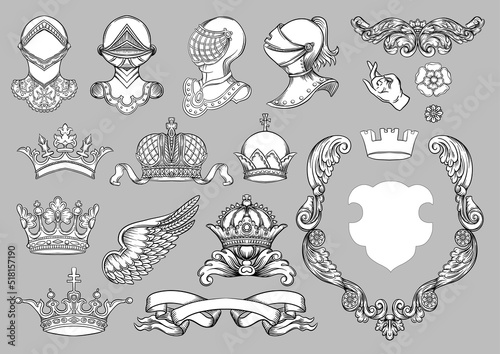 Obraz na plátne Set of crowns, knight, helmet, shield, coat of arms, ribbon, heraldry for traditional design of coats of arms and shields