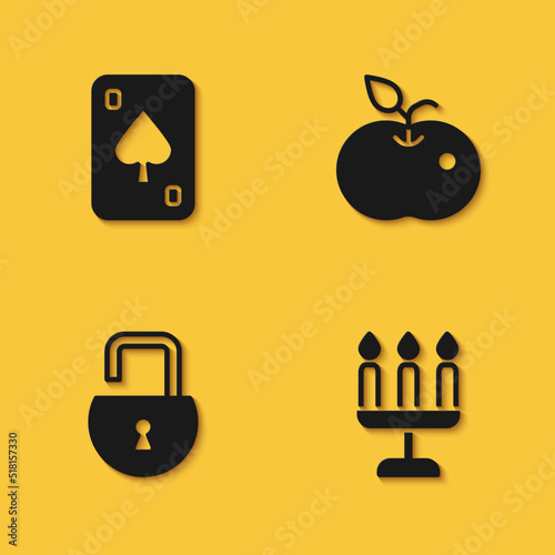 Set Playing cards, Candlestick, Open padlock and Poison apple icon with long shadow. Vector