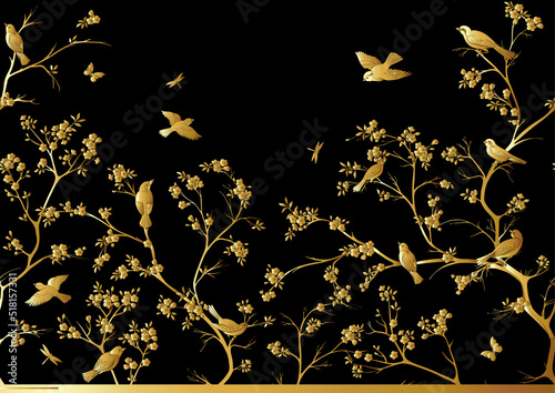 Cherry blossom branches against the sky with sparrow, finches. Seamless pattern, background. Vector illustration. Chinoiserie, traditional oriental botanical motif. In botanical style