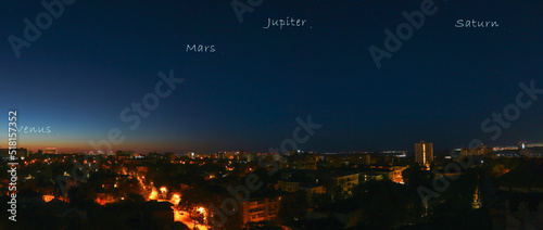 Astrophotography of the night sky with Venus, Mars, Jupiter and Saturn. Parade of planets in the predawn sky. Astronomy and space.