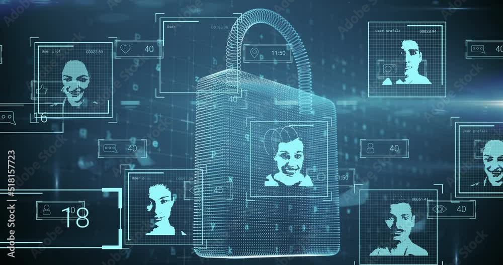Animation of user photos, digital padlock and data processing on black background