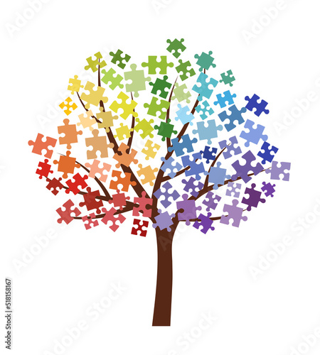 Abstract tree with leaves made of a multi color puzzles. Isolated on white background. Flat style, vector illustration.