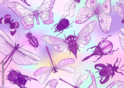Set of insects: beetles, butterflies, moths, dragonflies. Etymologist's set. Seamless pattern, background. Vector illustration. In realistic style on soft pastel background