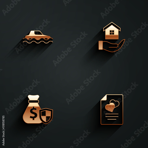 Set Flood car, House in hand, Money bag with shield and Marriage contract icon with long shadow. Vector
