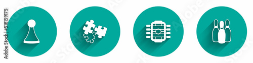 Set Chip for board game, Puzzle pieces toy, Table football and Bowling pin icon with long shadow. Vector