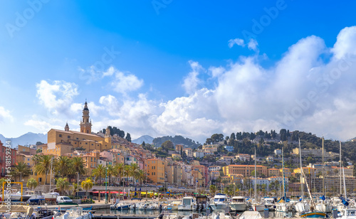 France, French Riviera, Scenic view of Menton historic center from the marina