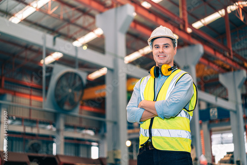Portrait smart professional caucasian Industrial, factory engineer,technician,worker man stand confidence with safety helmet in steel metal sheet production, manufacture worker concept with copy space