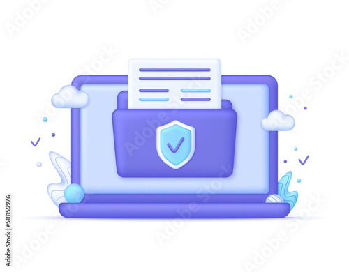 3D Computer and secure confidential files folder with paper documents access. Data files security. Protection of document. Online privacy concept. Modern vector in 3d style.