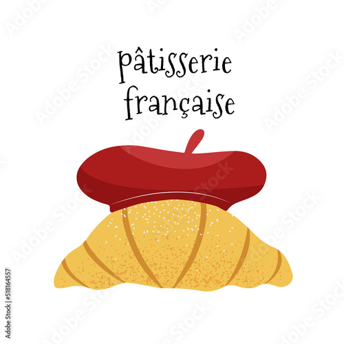 Cute hand drawn croissant in red felt beret, French traditional pastry. Vector illustration in flat style, isolated on white background