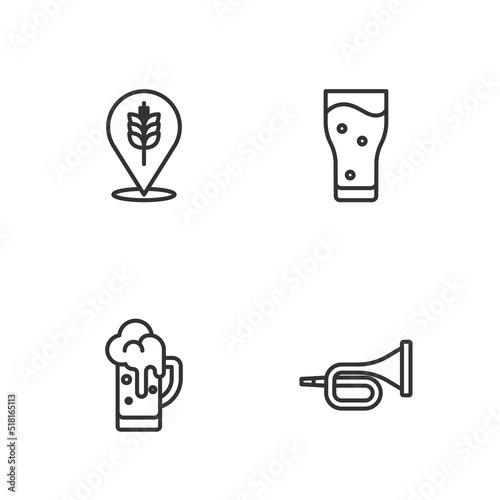 Set line Trumpet, Glass of beer, Wheat and icon. Vector