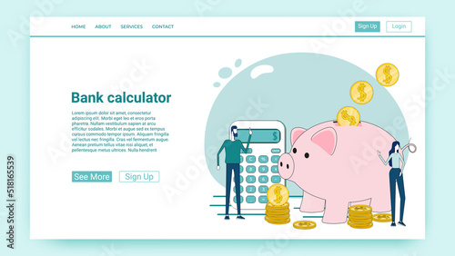 Bank calculator.People on the background of piggy bank.An illustration in the style of a green landing page.
