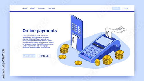 Online payments.A payment terminal, a smartphone with an application for payment and coins.the concept of secure money transfers.An illustration in the style of the landing page is blue.