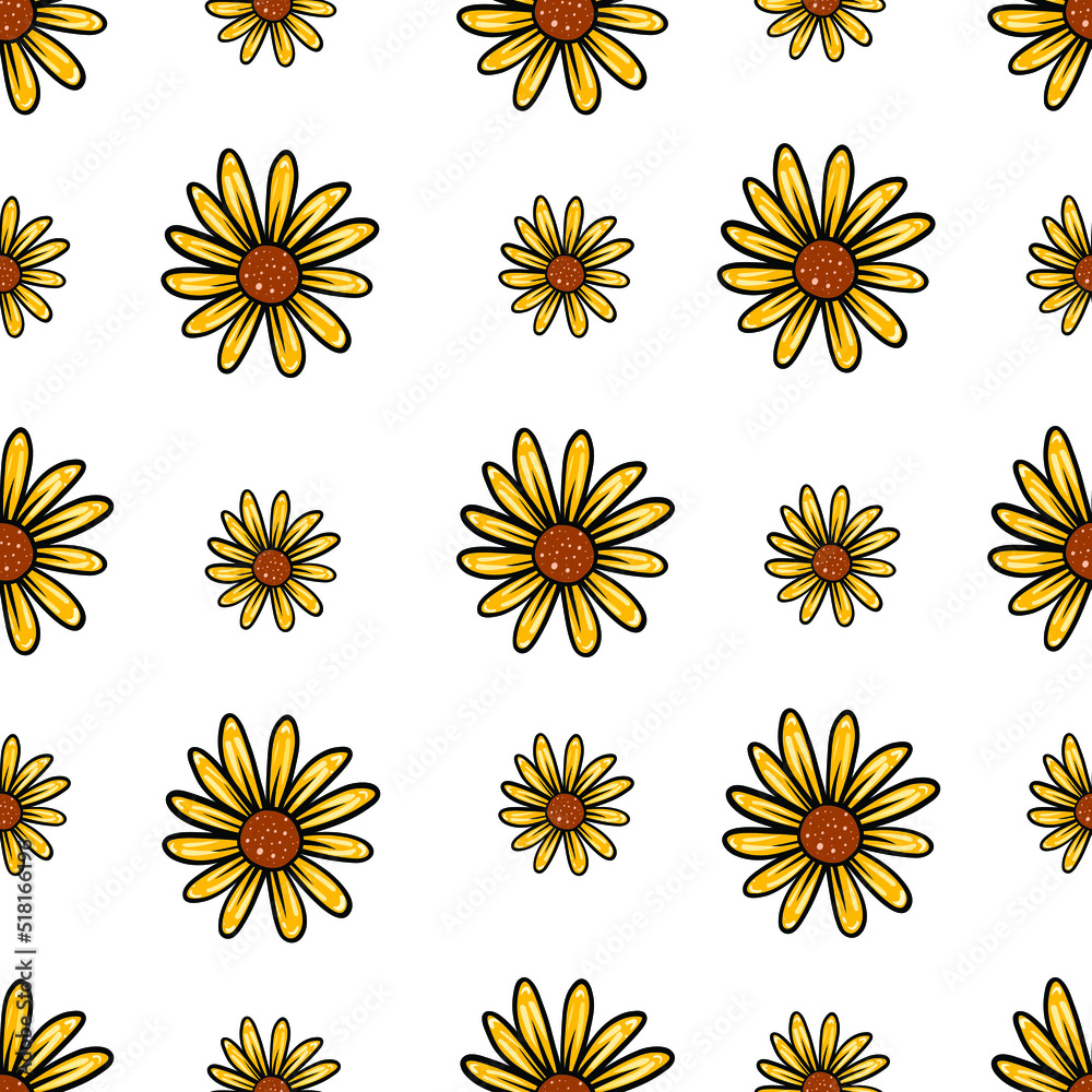 Hand drawn yellow daisy flower texture repeatable design. Vector seamless pattern with chamomile flowers on blue background. Can be used for textile print, wrapping papers, wallpapers or for website.
