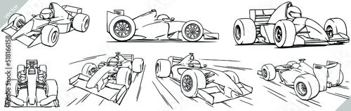 Linear isolated formula one set illustration ink sketch. Race car background speed track vector art