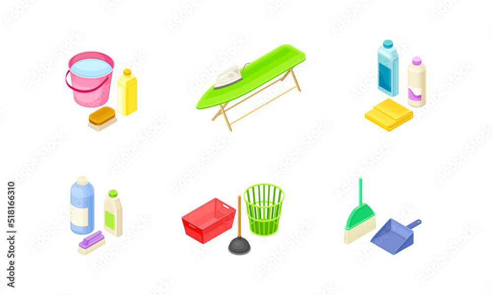 Household cleaning supplies set. Bucket, detergent bottles, iron and ironing board vector illustration