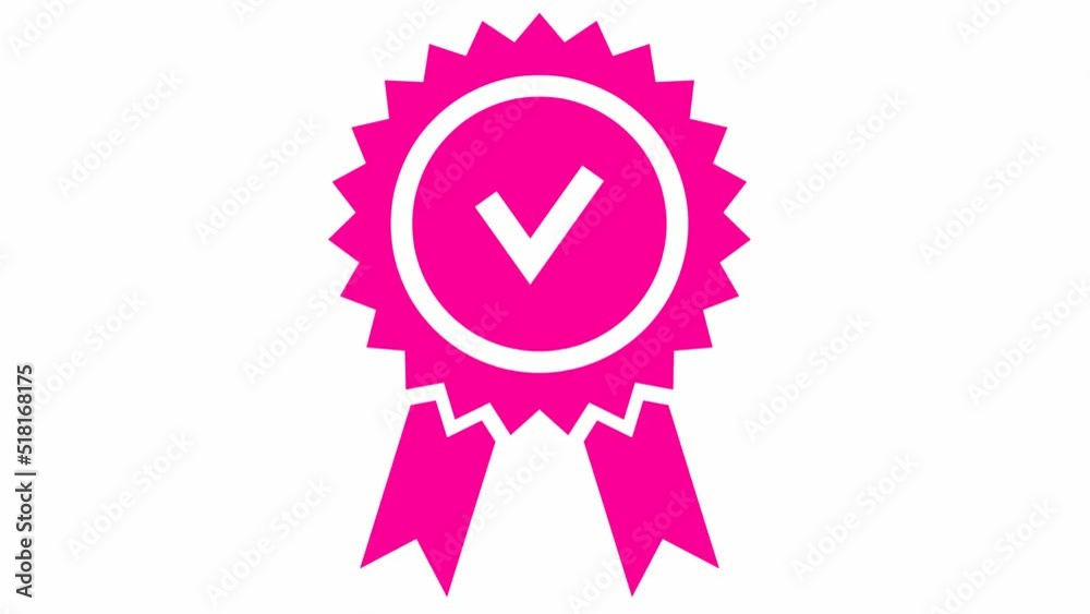 Animated pink quality mark. Approved or certified icon in a flat design. Vector illustration isolated on white background.