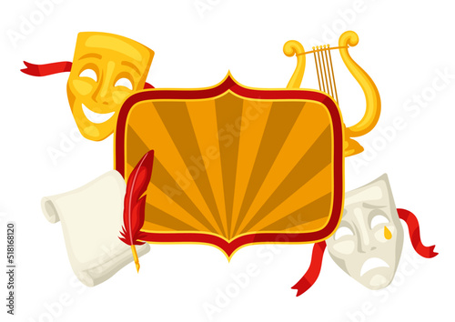 Background with traditional theatre symbols. Illustration for theatrical performance.
