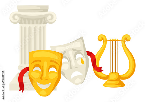 Background with traditional theatre symbols. Illustration for theatrical performance.