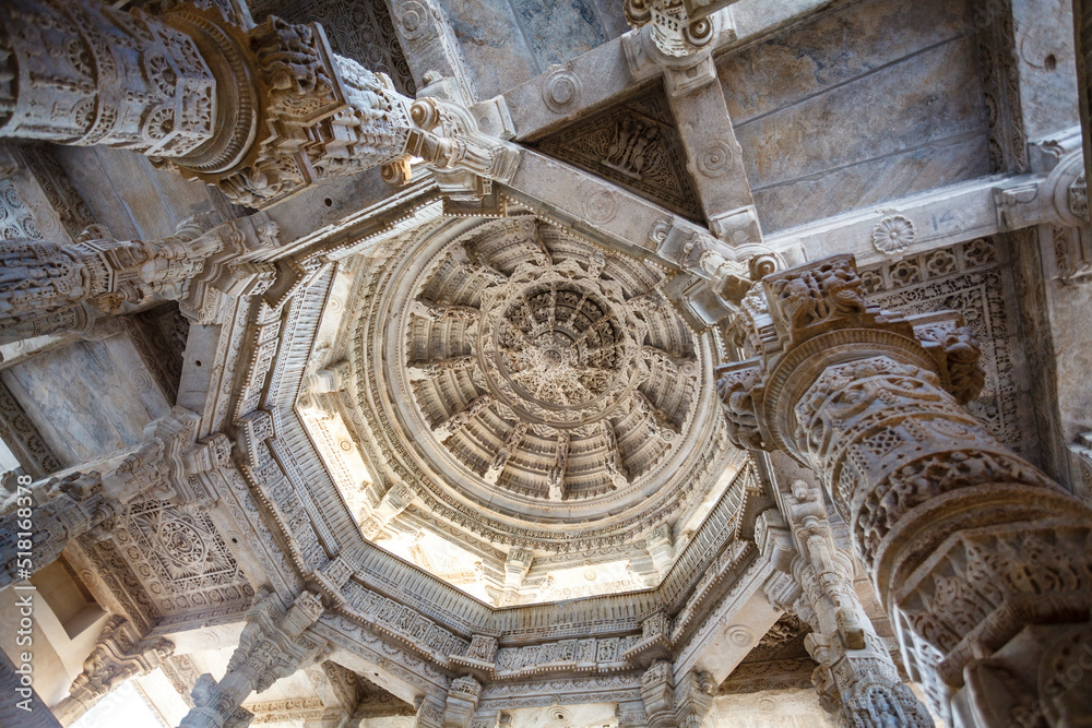Ornate interior of the Adinatha temple,  a Jain temple in Ranakpur, Rajasthan, India, Asia