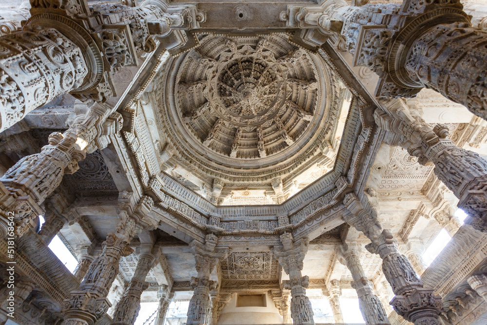 Ornate interior of the Adinatha temple,  a Jain temple in Ranakpur, Rajasthan, India, Asia